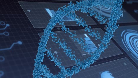 Animation-of-dna-strand-and-scientific-data-processing-over-blue-background