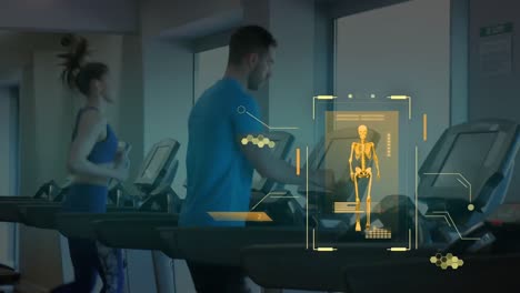 Animation-of-data-processing-over-caucasian-people-running-on-treadmill-exercising-in-gym
