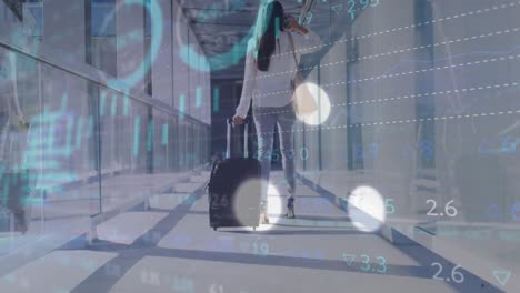 Animation-Der-Finanzdatenverarbeitung-über-Eine-Biraciale-Geschäftsfrau-Am-Flughafen