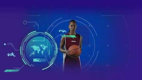 Animation-Der-Datenverarbeitung-über-Einer-Afroamerikanischen-Basketballspielerin