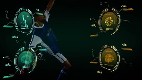 Animation-Der-Datenverarbeitung-über-Einem-Afroamerikanischen-Männlichen-Fußballspieler,-Der-Den-Ball-Kickt