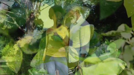 Animation-Von-Blättern-über-Einem-Afroamerikanischen-Paar,-Das-Im-Garten-Arbeitet