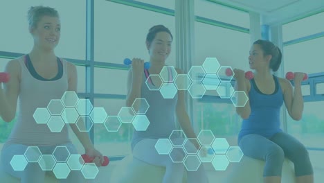Animation-of-data-processing-over-diverse-women-exercising-in-gym-with-weights