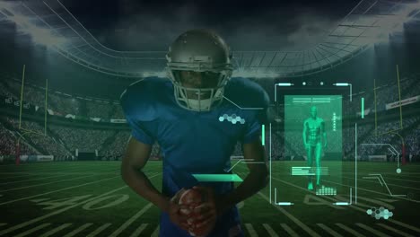 Animation-of-data-processing-over-african-american-male-american-football-player-in-sports-stadium