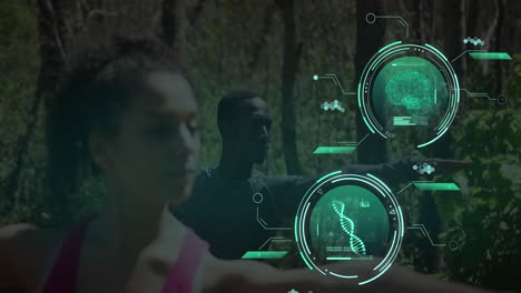 Animation-of-data-processing-over-diverse-man-and-woman-exercising