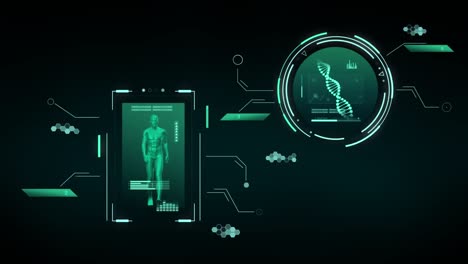 Animation-of-data-processing-with-dna-strand-and-human-over-black-background