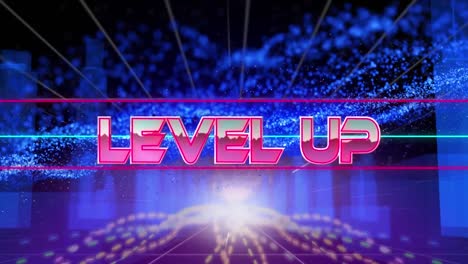 Animation-of-level-up-text-banner-against-3d-city-model,-light-trails-and-blue-digital-waves