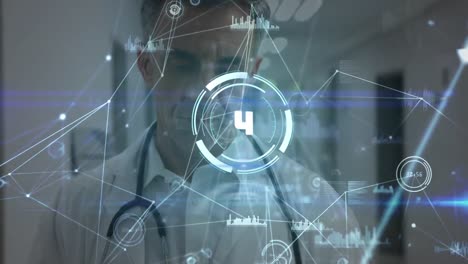 Animation-of-network-of-connections-over-caucasian-male-doctor-using-digital-tablet-at-hospital
