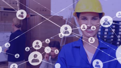 Animation-of-network-of-profile-icons-against-caucasian-female-worker-smiling-at-warehouse