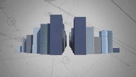 Animation-of-network-of-connections-over-3d-buildings-model-against-grey-background