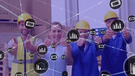 Animation-of-network-of-icons-over-diverse-supervisors-and-workers-showing-thumbs-up-at-warehouse