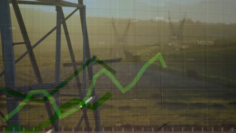 Animation-of-financial-data-processing-with-green-line-over-electricity-pylons