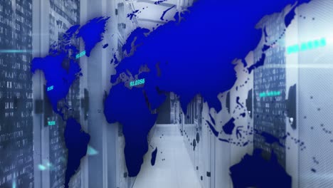 Animation-Von-Zahlen-über-Der-Weltkarte-Im-Vergleich-Zu-Mosaikquadraten-über-Dem-Computerserverraum
