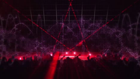 Animation-of-red-light-trails-on-stage-and-shapes-moving-over-silhouettes-of-people-dancing