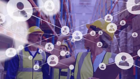 Animation-of-network-of-profiles-over-team-of-supervisors-an-workers-checking-stock-at-warehouse
