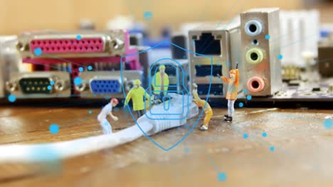 Animation-Von-Punkten-Und-Vorhängeschloss-Symbol-über-Spielzeugarbeitern,-Die-Ein-USB-Kabel-Halten