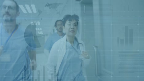 Animation-of-financial-graphs-and-data-over-diverse-female-and-male-doctors-running-in-hospital