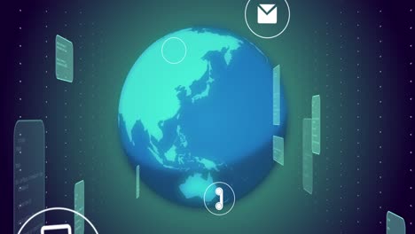 Animation-of-icons-with-globe-over-green-background