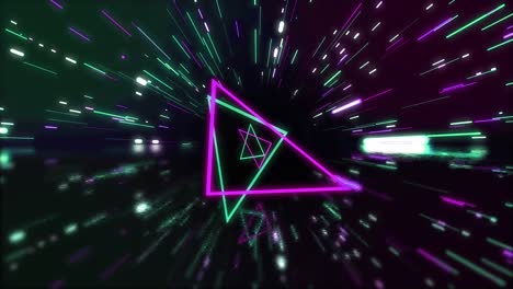 Animation-of-green-and-pink-neon-triangles-and-light-trails-on-black-background