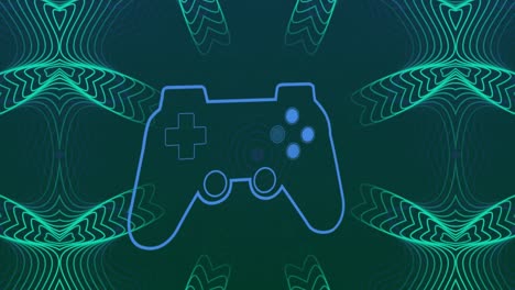 Animation-of-game-controller-over-abstract-patterns-against-blue-background