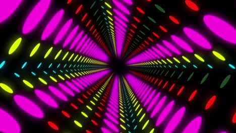 Animation-of-tunnel-of-colourful-spots-moving-over-black-background