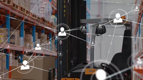 Animation-of-network-of-connections-with-icons-over-forklift-in-warehouse