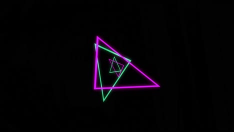 Animation-of-green-and-pink-neon-triangles-on-black-background