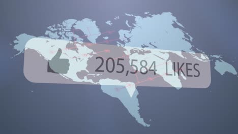 Animation-of-like-icon-with-increasing-numbers-over-world-map-against-grey-background