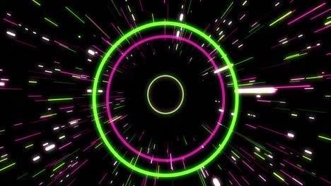 Animation-of-green-and-pink-neon-circles-and-light-trails-on-black-background