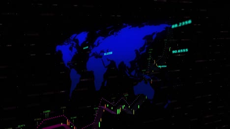 Animation-Der-Finanzdatenverarbeitung-über-Einer-Weltkarte-Vor-Schwarzem-Hintergrund