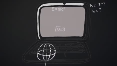 Animation-of-cartoon-laptop-over-math-formulas-on-black-background