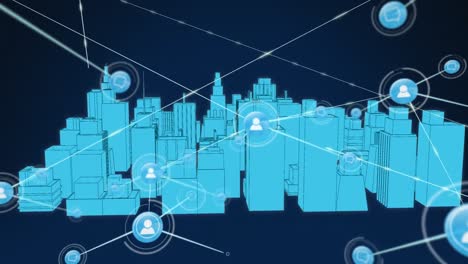 Animation-of-network-of-connections-over-metaverse-cityscape-on-dark-blue-background