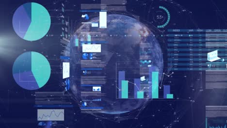 Animation-of-infographic-interface-over-connected-dots-and-rotating-globe-in-background