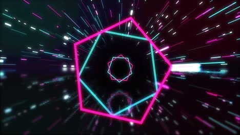 Animation-Von-Violetten-Und-Rosa-Neon-Sechsecken-Und-Lichtspuren-Auf-Schwarzem-Hintergrund