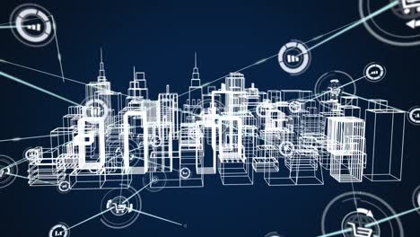 Animation-of-network-of-connections-over-metaverse-cityscape-on-navy-background