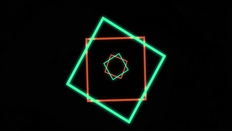 Animation-of-green-and-orange-neon-squares-on-black-background