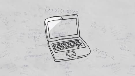 Animation-Eines-Cartoon-Laptops-über-Mathematischen-Formeln-Auf-Weißem-Hintergrund