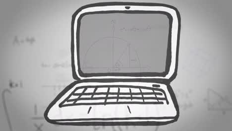 Animation-of-cartoon-laptop-over-math-formulas-on-white-background
