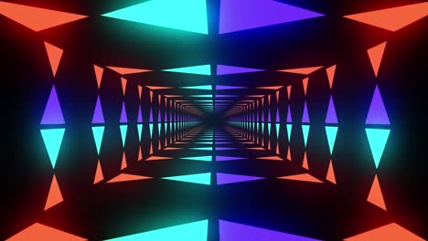 Animation-of-tunnel-of-colourful-shapes-moving-over-black-background