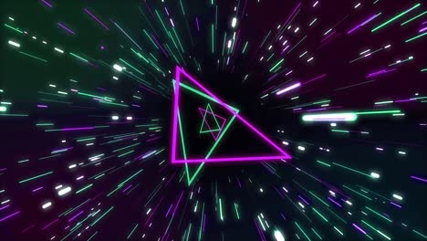 Animation-of-green-and-pink-neon-triangles-and-light-trails-on-black-background
