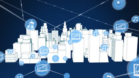Animation-of-network-of-connections-over-metaverse-cityscape-on-dark-blue-background