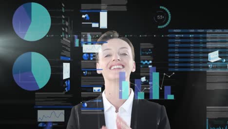 Animation-of-data-processing-over-surprised-caucasian-businesswoman-against-black-background