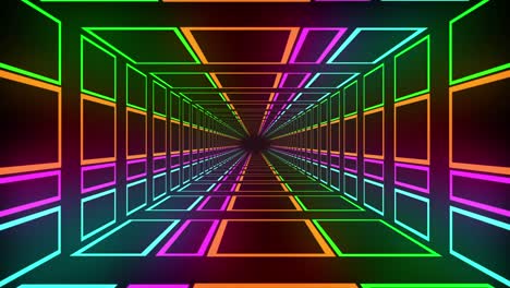 Animation-of-tunnel-of-colourful-shapes-moving-over-black-background
