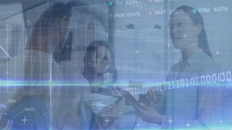Animation-of-data-processing-and-blur-light-trails-over-three-diverse-women-discussing-at-office