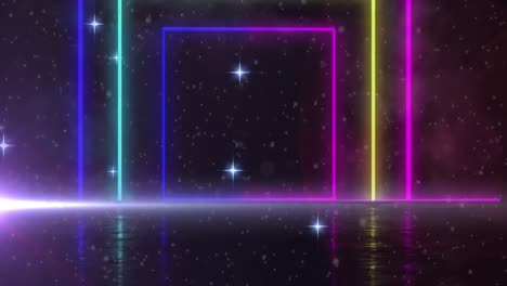 Animation-Von-Bunten-Quadraten-über-Lichtspuren-Und-Sternen-Auf-Schwarzem-Hintergrund