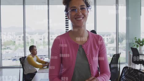 Animation-of-changing-numbers-over-biracial-woman-using-tablet-in-meeting-room-at-office