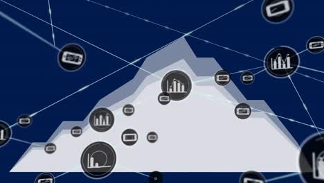 Animation-of-icons-connected-with-lines-over-white-mountain-against-blue-background