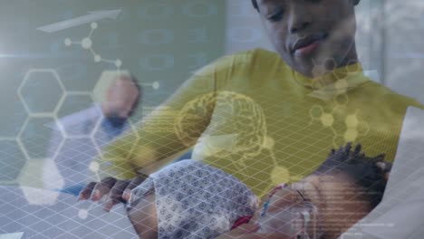 Animation-of-data-processing-with-digital-brain-over-african-american-mother-and-son-at-hospital