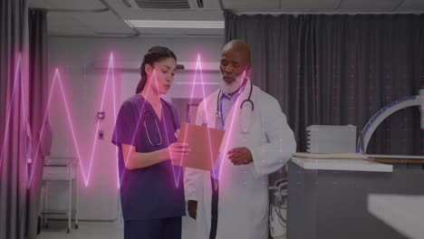 Animation-of-cardiograph-over-diverse-doctors-working-at-hospital