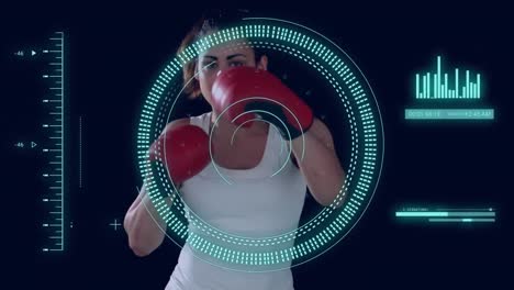 Animation-of-data-processing-and-scope-scanning-over-caucasian-female-boxer